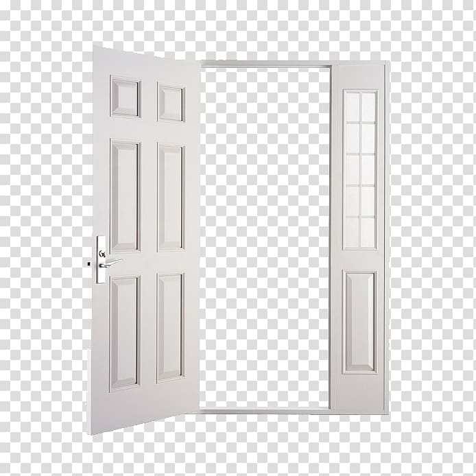 open white wooden 6-panel door with sidelight, Door, White open door transparent background PNG clipart