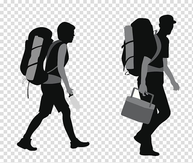 man carrying bags illustration, Backpacking Silhouette, Backpackers silhouette transparent background PNG clipart