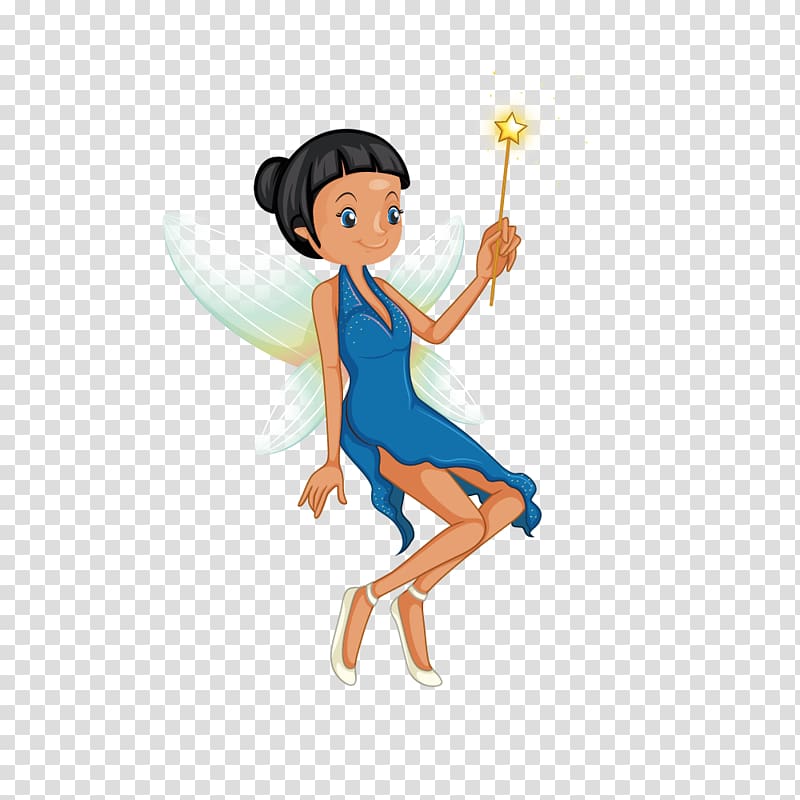 Cartoon Illustration, fashion classic blue dress brunette elf transparent background PNG clipart