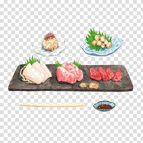 assorted dishes painting, Japanese Cuisine Sushi Sashimi Illustration, Sushi transparent background PNG clipart