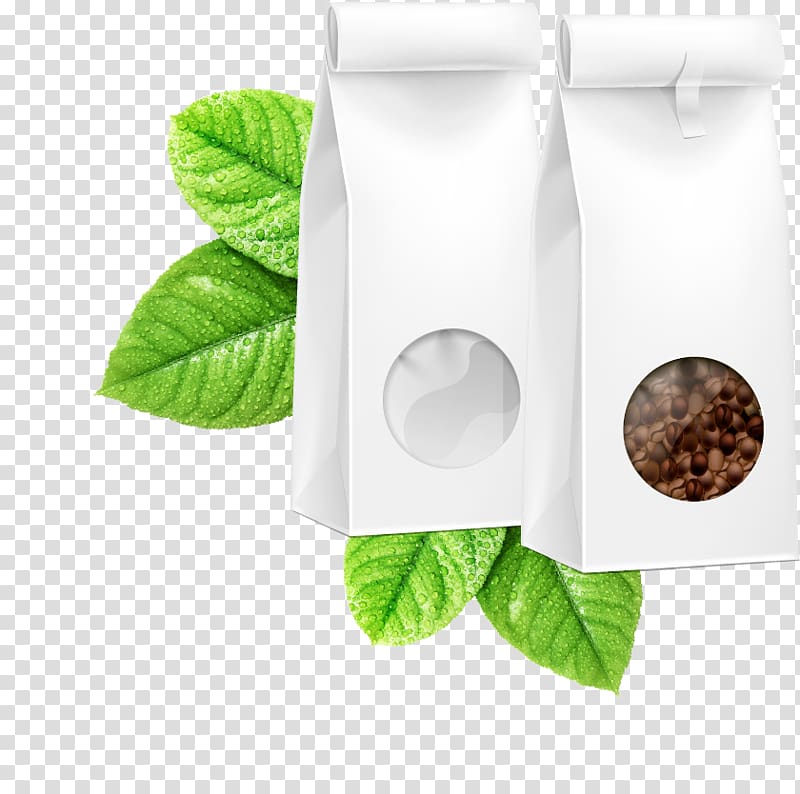 Coffee Paper Bag, Green leaves on white coffee bags transparent background PNG clipart