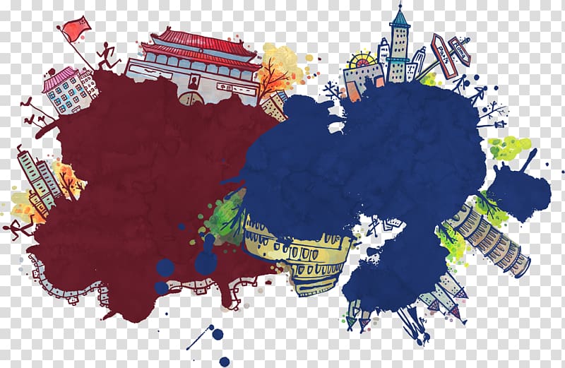 China Illustration, World landmarks pull creative hand-painted Free transparent background PNG clipart