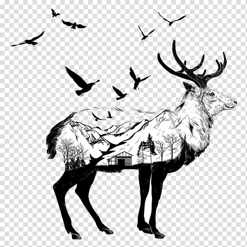 Drawing Wildlife Art Illustration, Creative goat landscape integration transparent background PNG clipart