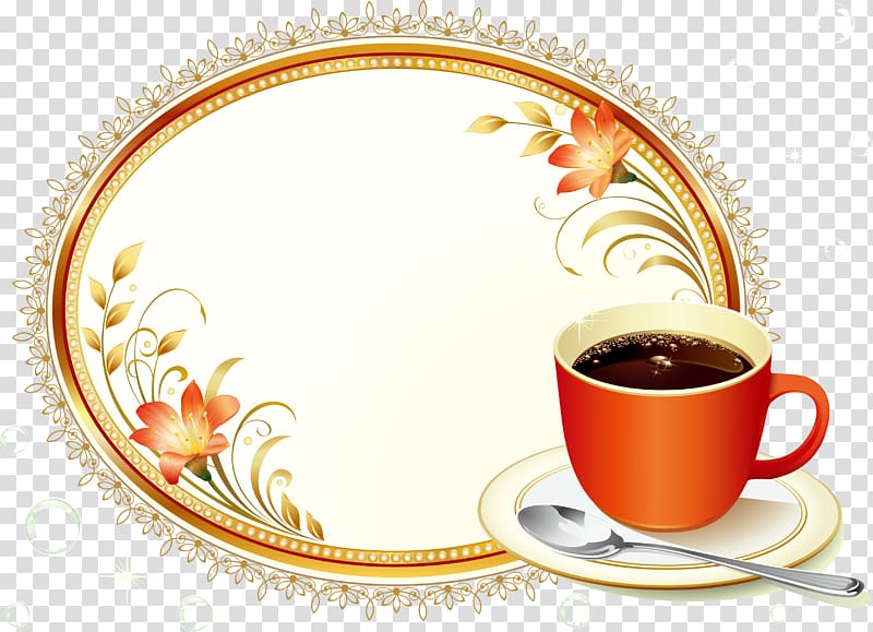red cup filled with coffee on top of white saucer beside spoon illustration, Coffee Cafe, Floral decoration cafe menu transparent background PNG clipart