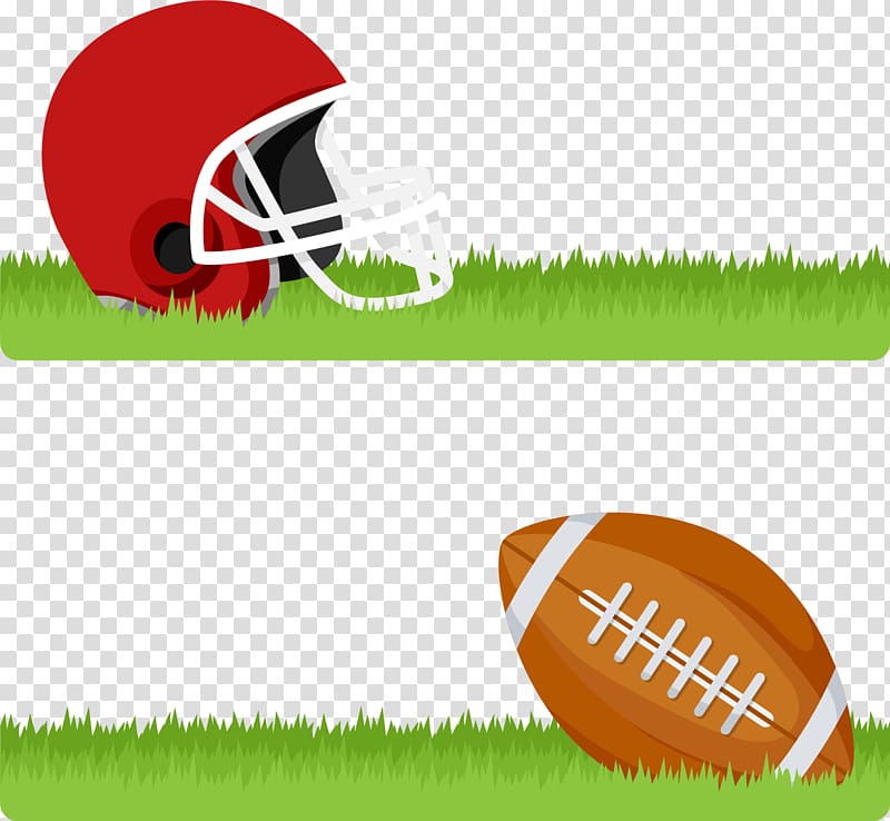 red football helmet and brown football ball on green grass field illustration, American football Americas Football helmet, American Football League transparent background PNG clipart