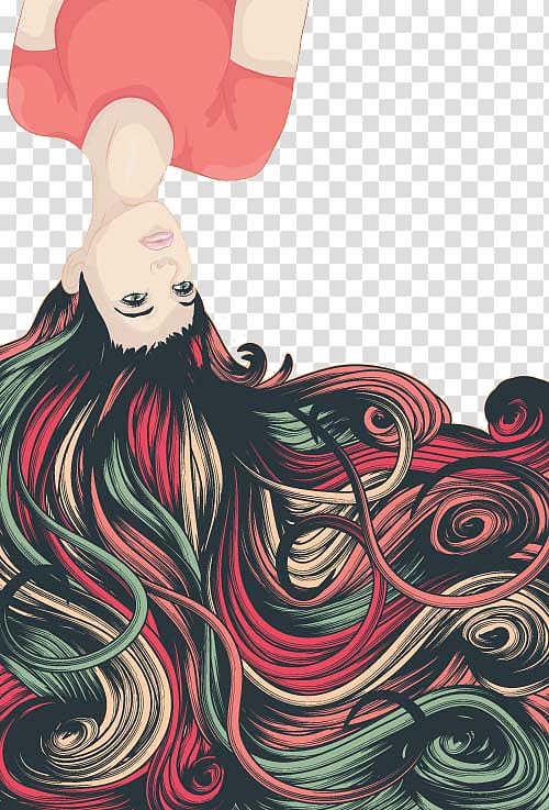 woman in orange top with multicolored long hair illustration, Drawing Hair Woman Illustration, Women transparent background PNG clipart
