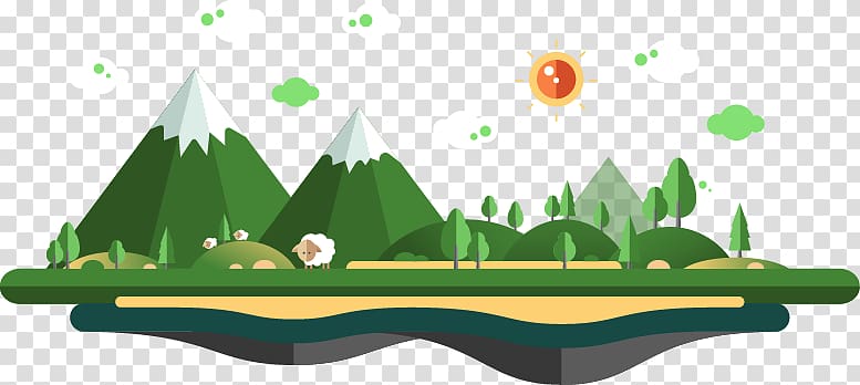 Creative cartoon flat building island mountains tree transparent background PNG clipart