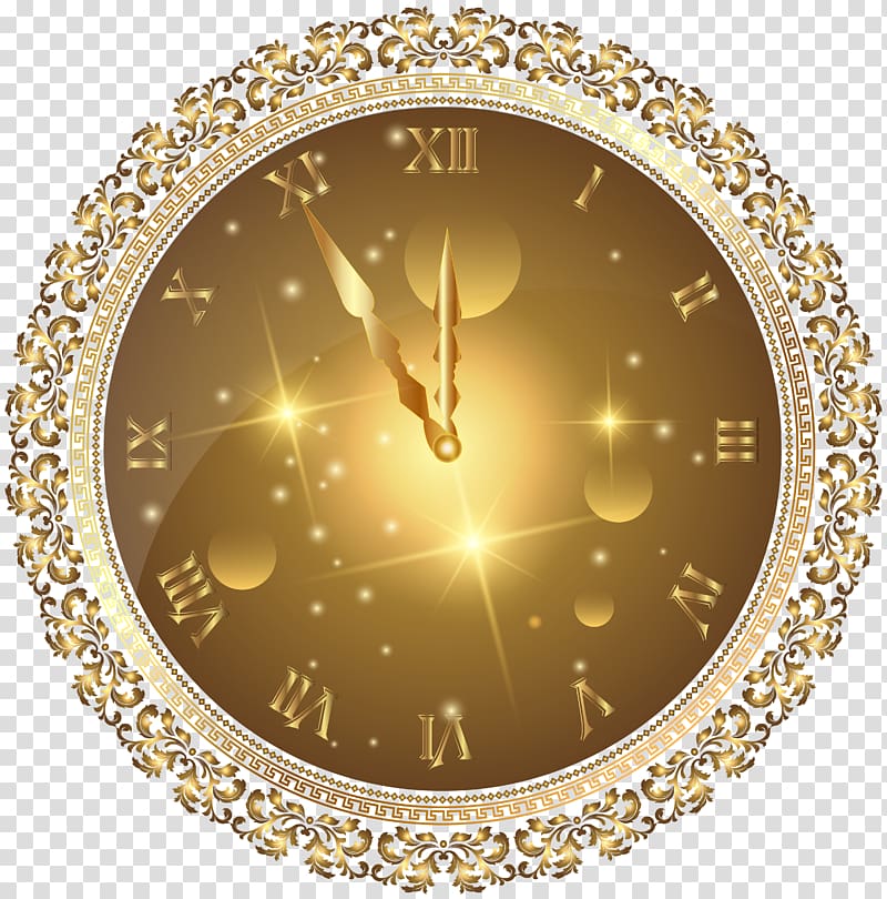 round gold-colored clock illustration, New Year\'s Eve Clock , Gold New Year\'s Clock transparent background PNG clipart