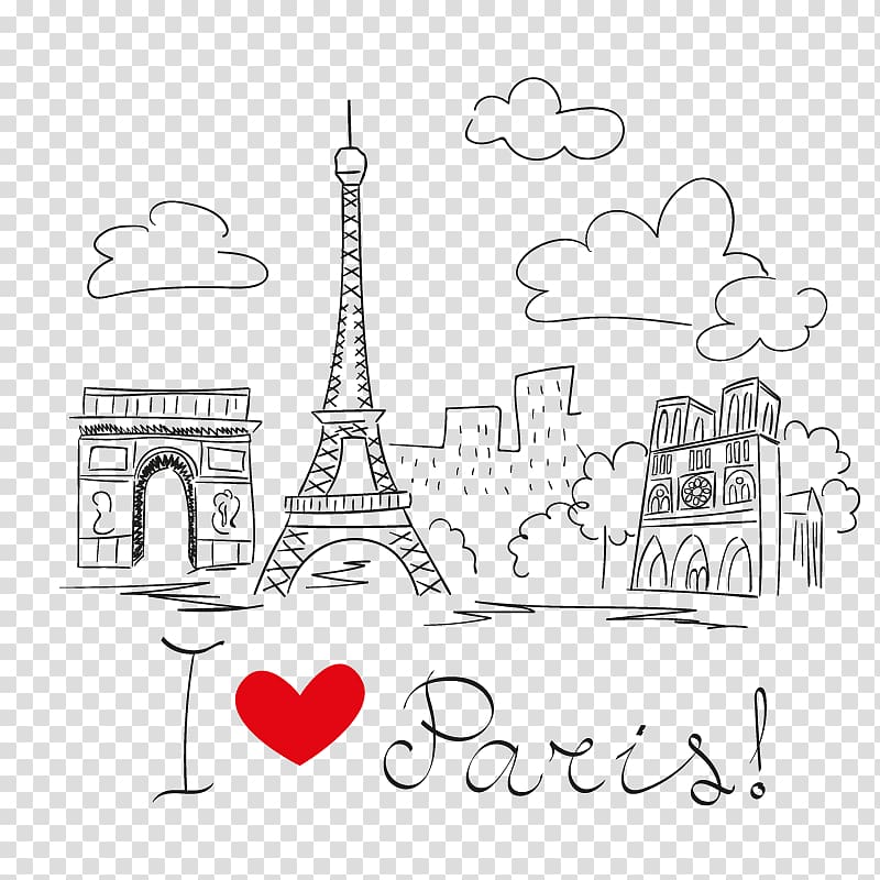 I Love Paris illustration, Eiffel Tower Architecture Drawing, Paris\'s famous hand-painted building material transparent background PNG clipart