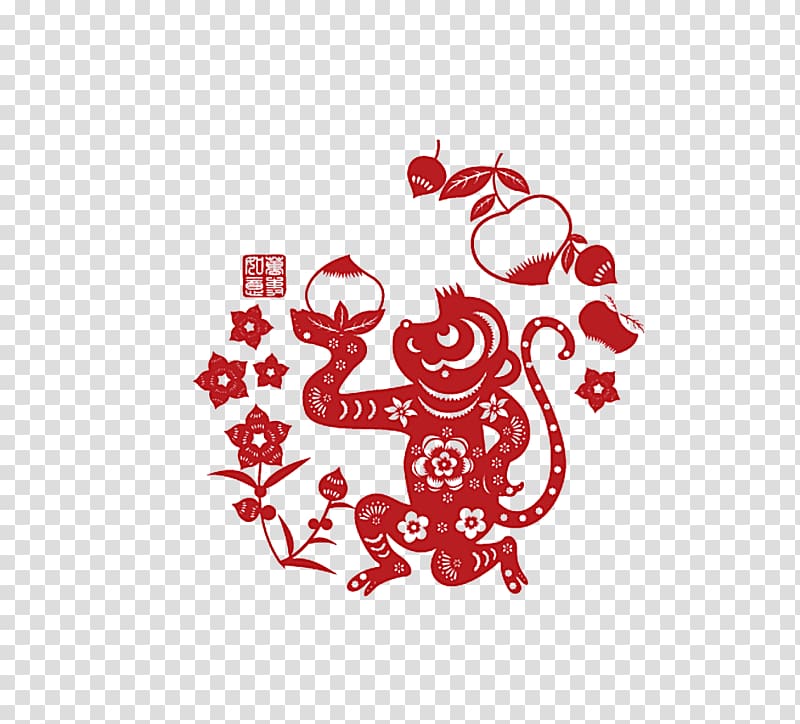 Papercutting Chinese New Year Monkey Chinese paper cutting, Monkey pick peaches transparent background PNG clipart