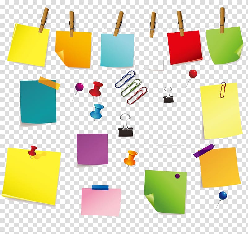 assorted-color paper illustration, Post-it note Paper clip Adhesive tape, Then all kinds of creative stickers and pins transparent background PNG clipart