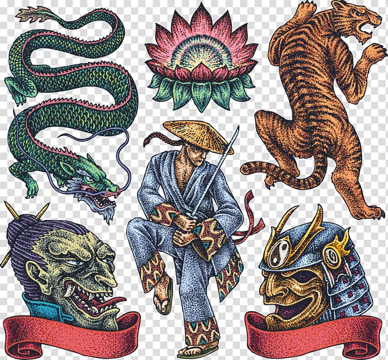 five assorted-color poster, Tattoo artist Irezumi Japanese dragon, dragon tattoo with character transparent background PNG clipart