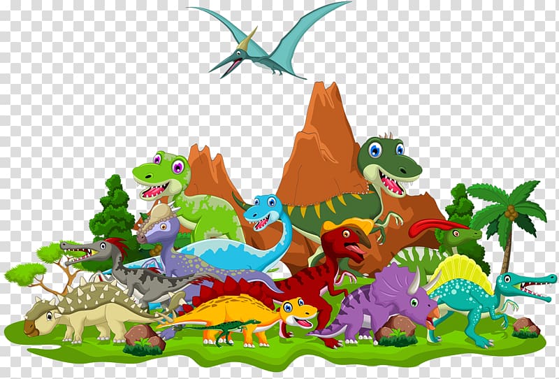 variety of dinosaur near mountain , Tyrannosaurus Dinosaur Cartoon Triceratops, Dinosaur World transparent background PNG clipart