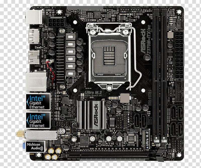 Intel Mini-ITX Asrock Z370M-ITX/ac LGA 1151 Mini ITX motherboard, intel transparent background PNG clipart