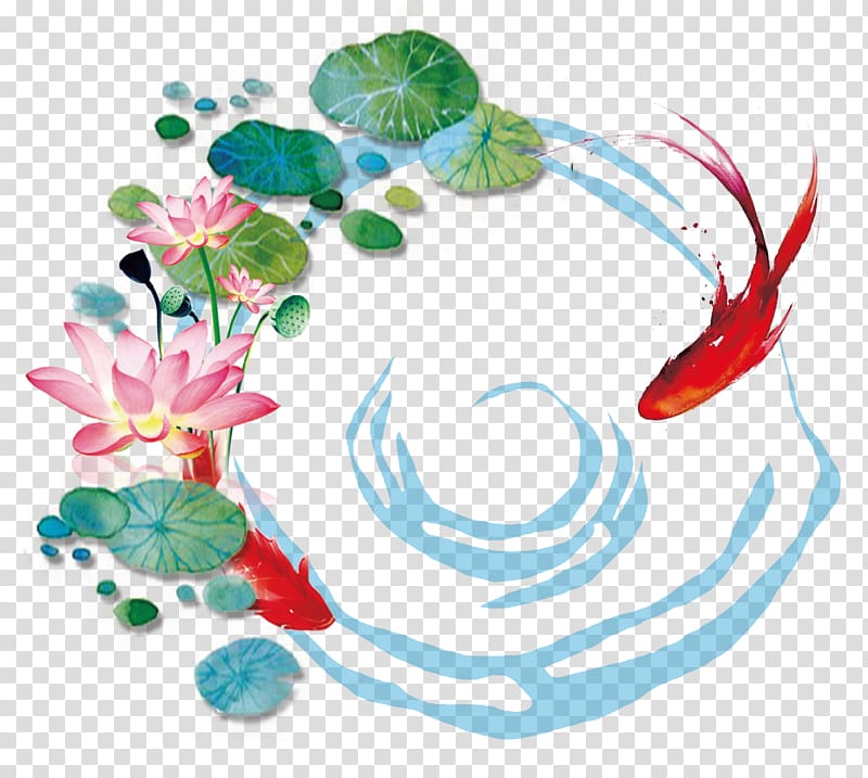 two red fish illustration, Lotus Pond Nelumbo nucifera, Water painted lotus leaves, carp pond transparent background PNG clipart