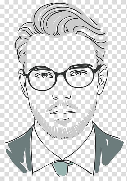 man's portrait illustration, Moustache Glasses Black and white Hairstyle Barber, Hand-painted men transparent background PNG clipart