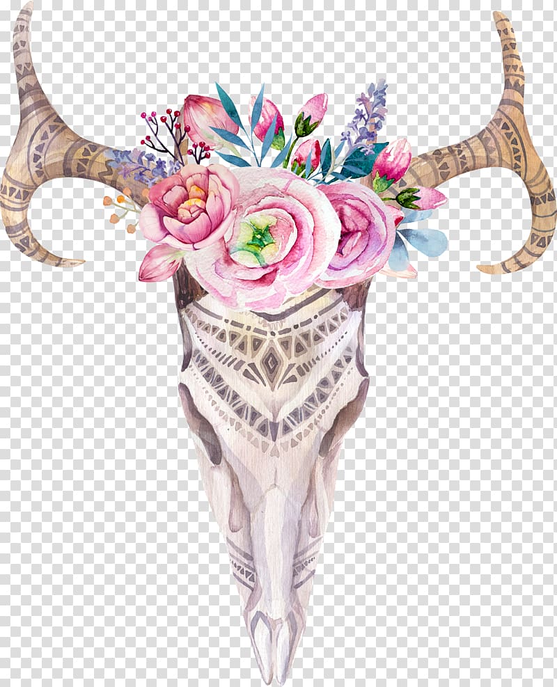 white, blue, and pink floral bull skull , Boho-chic Skull Watercolor painting , deer transparent background PNG clipart