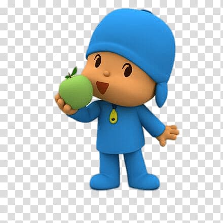 Pocoyo holding green apple fruit illustration, Pocoyo Eating An Apple transparent background PNG clipart