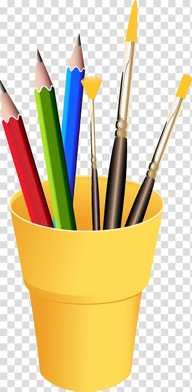 three pencils in yellow container illustration, Drawing Painting Palette , Art stationery color pen transparent background PNG clipart