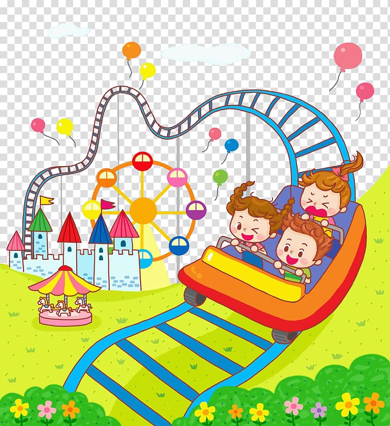 three children riding on roller coaster illustration, Roller coaster Animation, Children play roller coaster transparent background PNG clipart