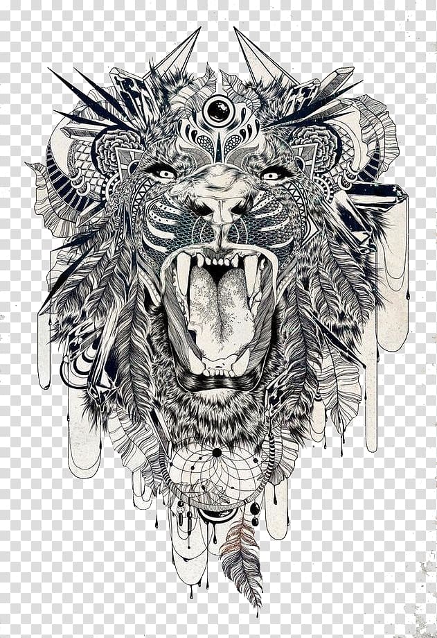 black and white lion head , Lion Sleeve tattoo Tiger Lower-back tattoo, Tattoo, beast transparent background PNG clipart