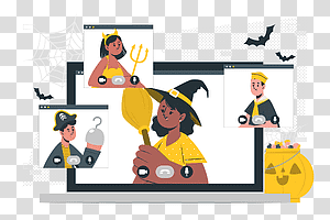 illustration, Halloween video call, communication, party, event, online, meeting, friends, halloween, holiday transparent background PNG clipart thumbnail