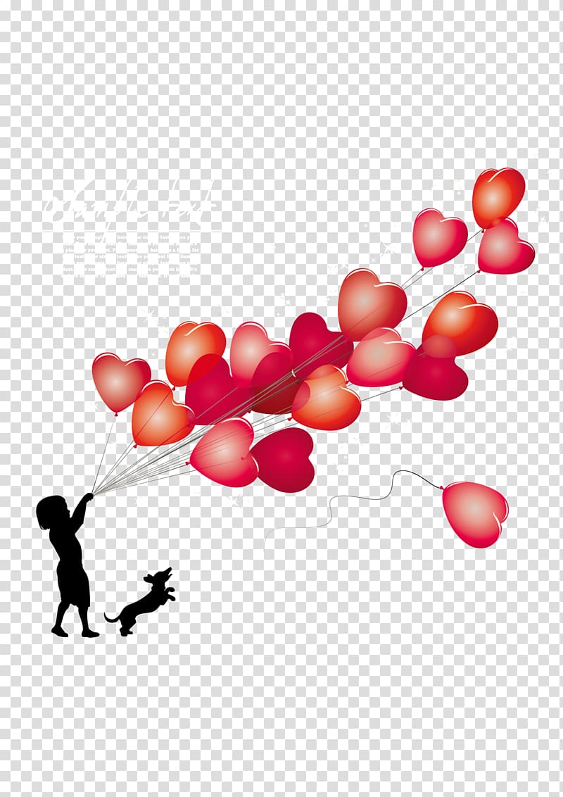 dog near child with heart balloons illustration, Engagement party Banner, A child holding a bunch of balloons transparent background PNG clipart