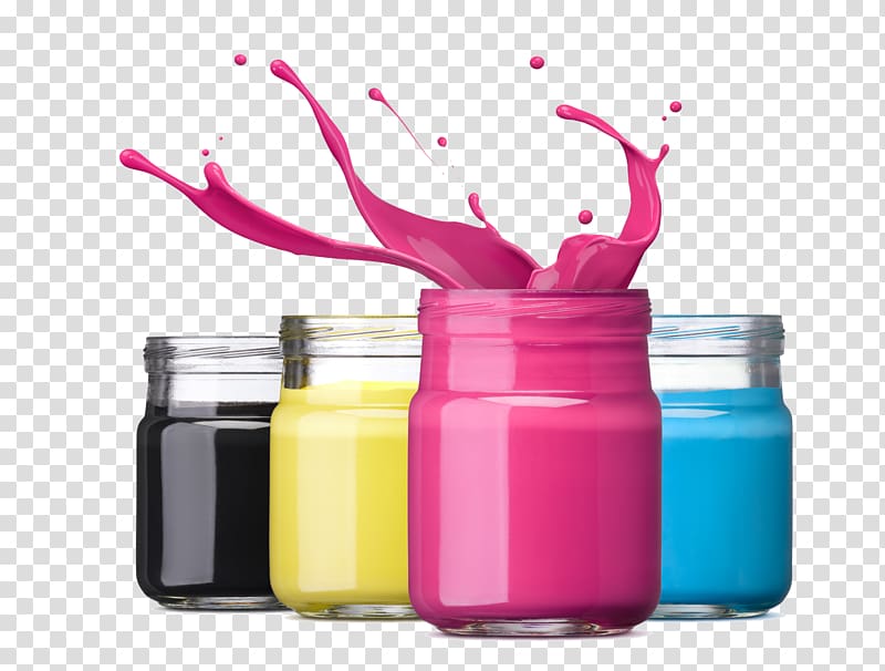 splashing pink liquid in jar near three assorted-color jars, Ink cartridge Dye-sublimation printer Printing, Decorative Paint Bucket transparent background PNG clipart