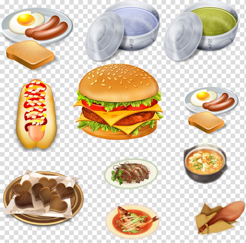 French fries Breakfast Cheeseburger Junk food Slider, Colored breakfast transparent background PNG clipart