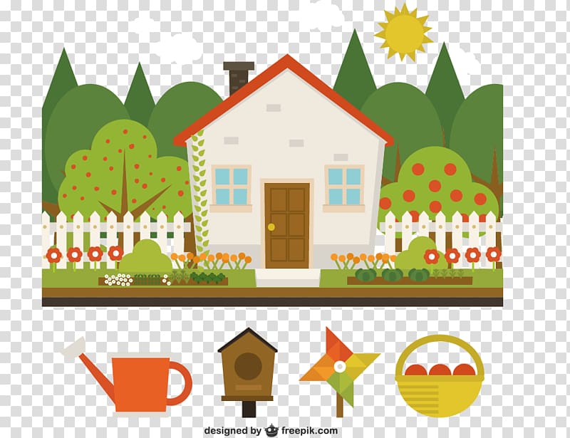 House Buyer Home Real Estate Maid service, Cartoon house with a garden material ed, transparent background PNG clipart