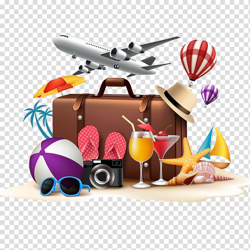briefcase and hot air balloons, Poster Summer vacation, Creative Travel transparent background PNG clipart