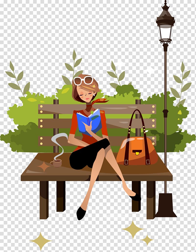 woman reading book while sitting on bench, Woman Reading Illustration, beautiful park reading transparent background PNG clipart
