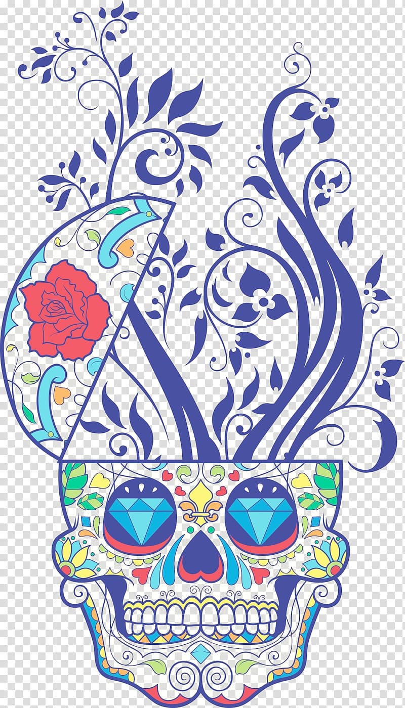 Calavera T-shirt Wall decal Day of the Dead Skull, Blue vegetable pattern totem transparent background PNG clipart