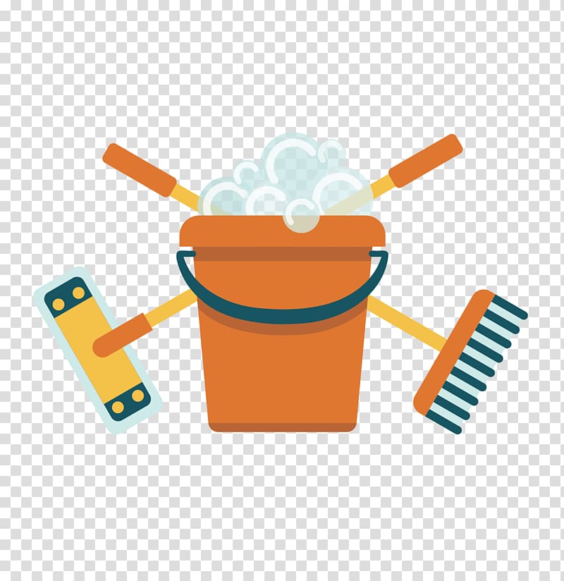 orange bucket with brush and mop illustration, Broom Mop Bucket, broom mop bucket transparent background PNG clipart