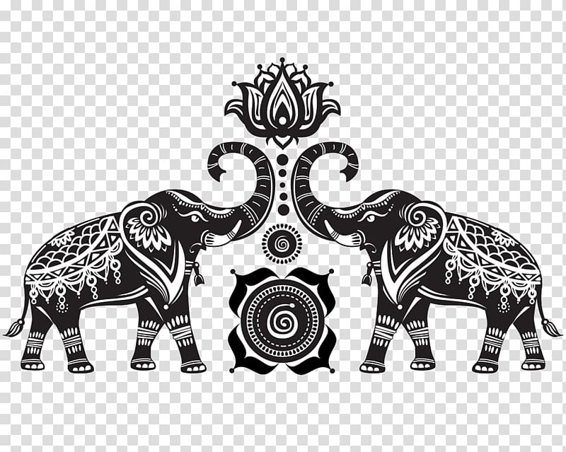black and white elephant mandala , Nelumbo nucifera Elephant Ornament Illustration, Elephants and lotus transparent background PNG clipart