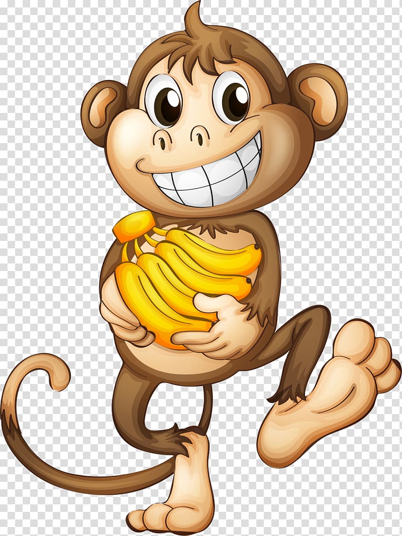 monkey carrying yellow banana fruit , Monkey Banana , Cute monkey transparent background PNG clipart