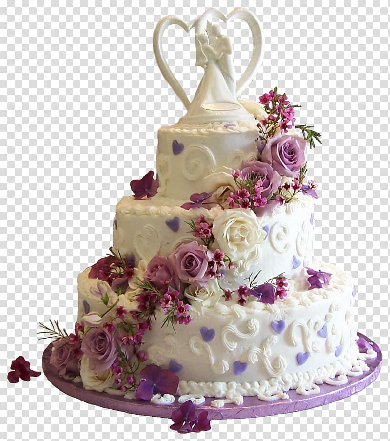 Wedding cake Birthday cake Torte, White Wedding Cake with Purple Roses , 3-tier cake with wedded couple topper transparent background PNG clipart