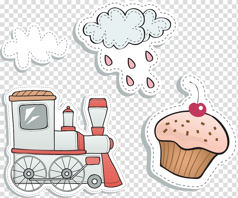 train, rain, and cupcake illustration, Rain clouds cake toy car transparent background PNG clipart