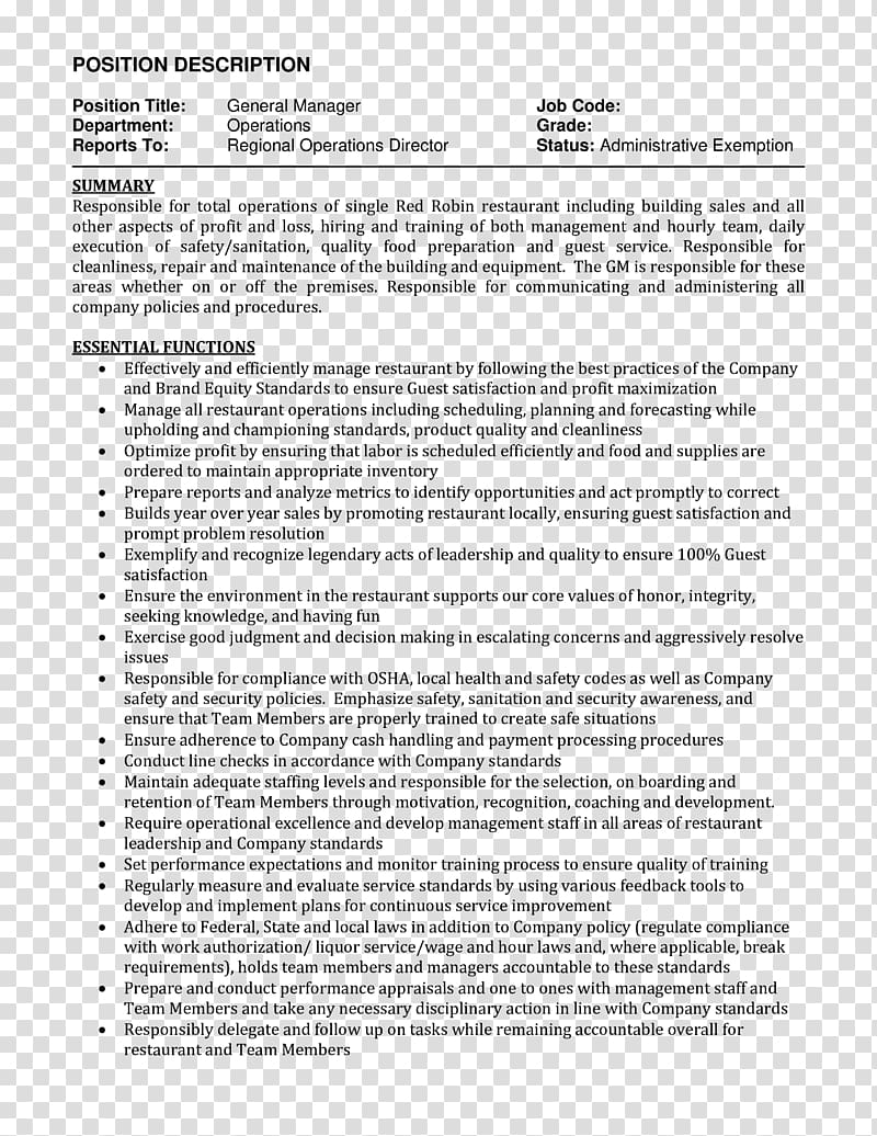 Résumé Job description Curriculum vitae Supervisor Restaurant management, job description transparent background PNG clipart