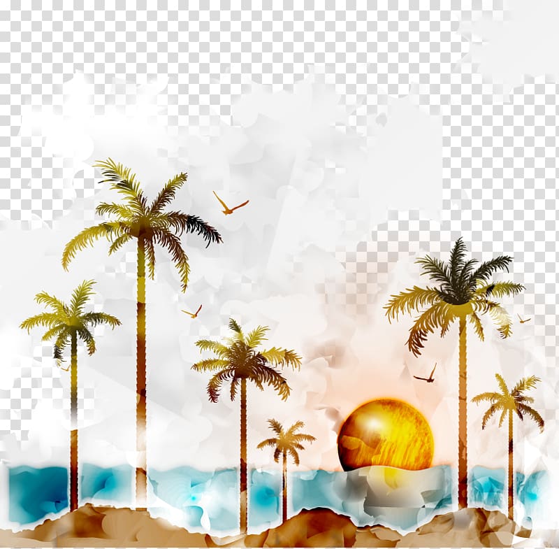 palm trees illustration, Tiny Buddha Beach Business Management LinkedIn, Watercolor coconut trees and sunset transparent background PNG clipart