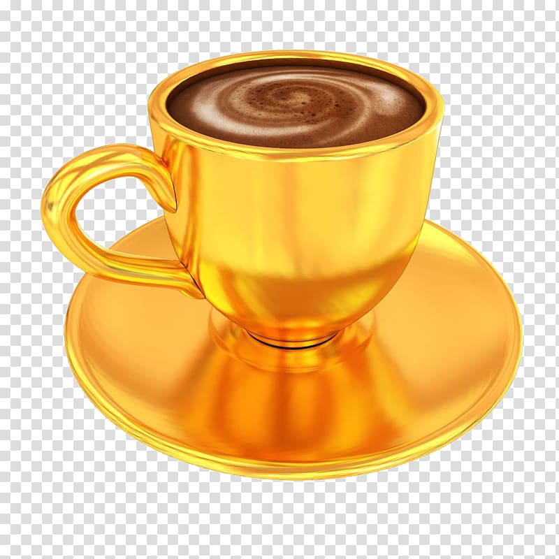gold-colored mug, Coffee cup Tea Doppio Cappuccino, The coffee in the golden cup transparent background PNG clipart