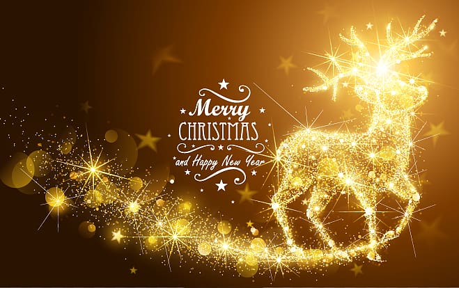 Merry Christmas text illustration, Santa Claus Christmas card Illustration, Golden light effect Christmas reindeer transparent background PNG clipart