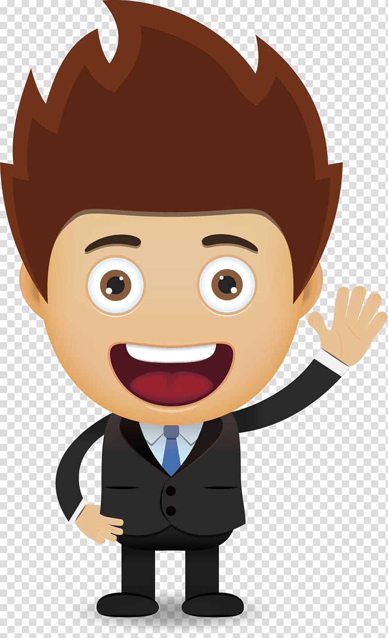 man in suit jacket and tailored pants raising left hand , Cartoon Sadness Illustration, Say hello transparent background PNG clipart