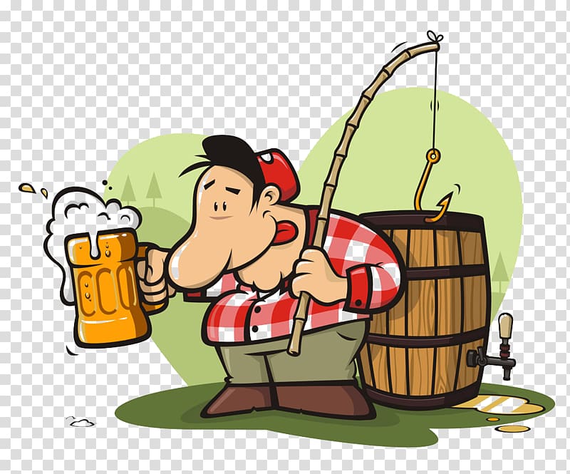 Oktoberfest Icon, Holding a fishing rod cartoon man drinking beer transparent background PNG clipart