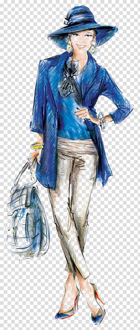 woman wearing blue blazer , Fashion sketchbook Fashion illustration Drawing Illustration, Woman blue dress transparent background PNG clipart