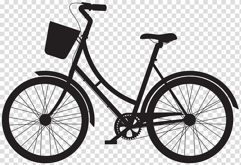 black cruiser bike illustration, Bicycle frame Fixed-gear bicycle Illustration, Bicycle with Basket Silhouette transparent background PNG clipart