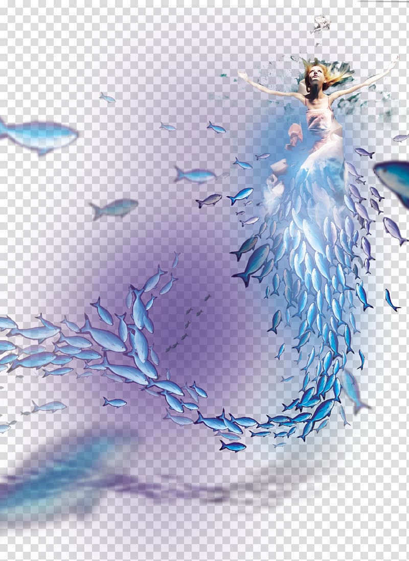 female and school of fishes illustration, Mermaid , Mermaid transparent background PNG clipart