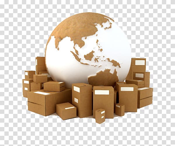 brown cardboard box and globe illustration, Freight transport Industry Logistics Pharmaceutical drug Trade, Global Logistics box transparent background PNG clipart