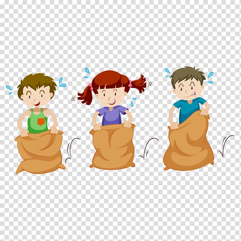 three kids in sack race, Sack race Gunny sack , student transparent background PNG clipart