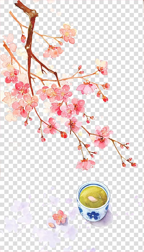 China Watercolor painting Qingming Illustration, Chinese antiquity beautiful watercolor illustration, pink cherry blossom flowering tree and tea transparent background PNG clipart